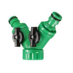 T-piece with valves - horticultural quick coupler for hose - for plant irrigation system.