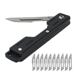 Folding Pocket Knife Black Scalpel Interchangeable Blades 10 Piece Keychain